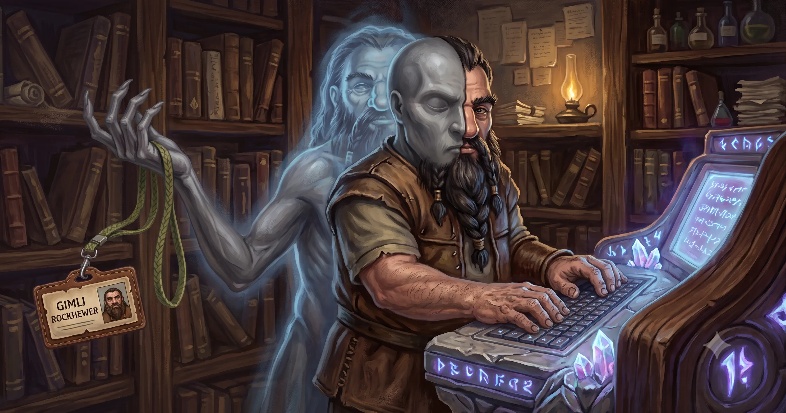 A pale, gray doppelgänger morphing into the face of a bearded dwarf as it types at a glowing rune-lit keyboard, holding the dwarf’s “GIMLI ROCKHEWER” ID badge on a lanyard in its outstretched hand.