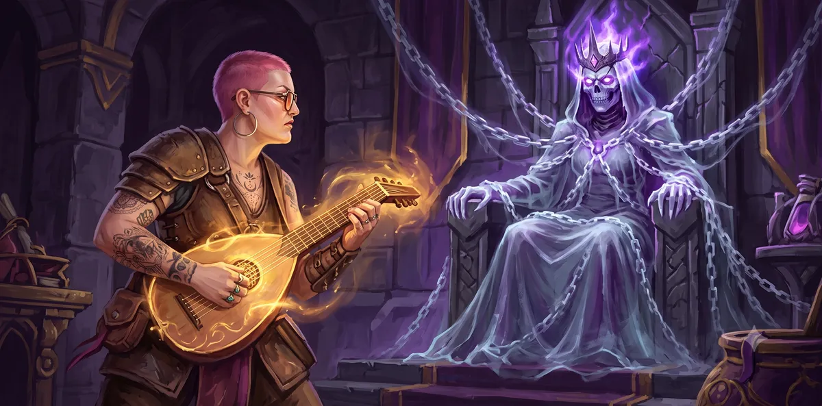A pink-haired, tattooed bard in leather armor plays a glowing magical lute, facing down a spectral crowned Lich Queen wrapped in ghostly chains on her throne.