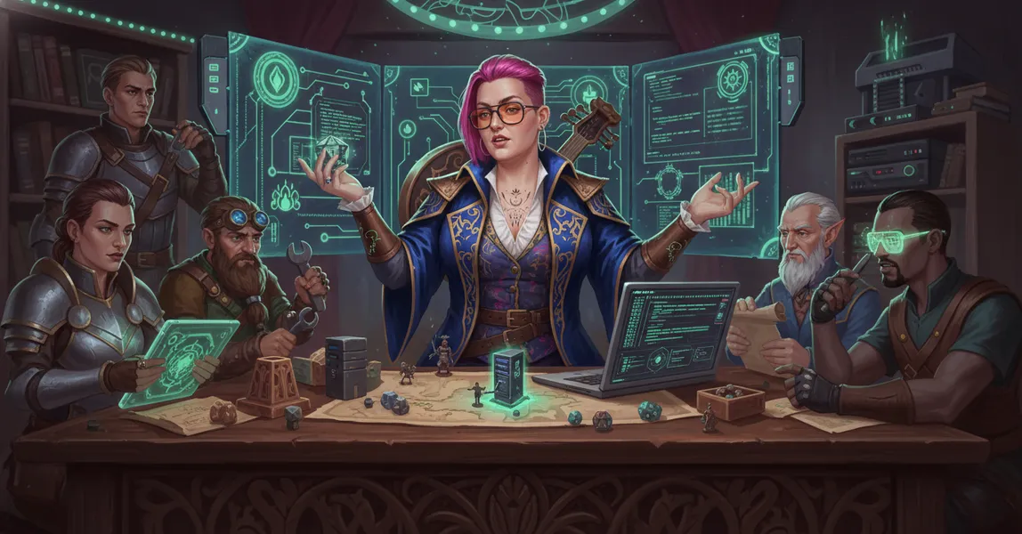 DM preparing for their first campaign with dice, character sheets, and security training materials spread across a desk.