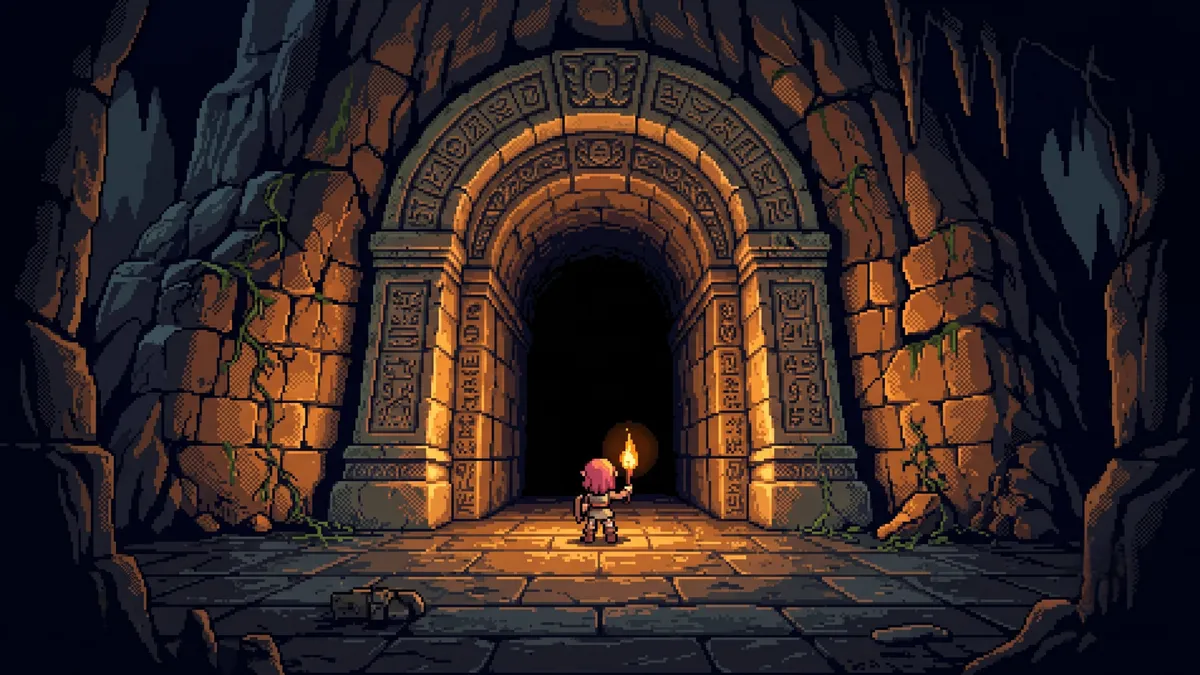 Pixel art of a lone pink-haired adventurer holding a torch, standing before a huge carved stone dungeon archway that opens into darkness.