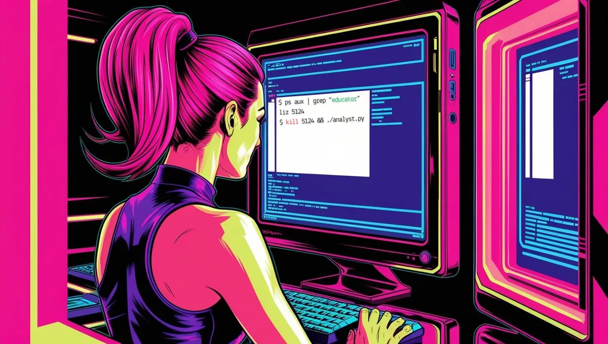 Vibrant digital illustration of the back of a woman with pink hair using the terminal.