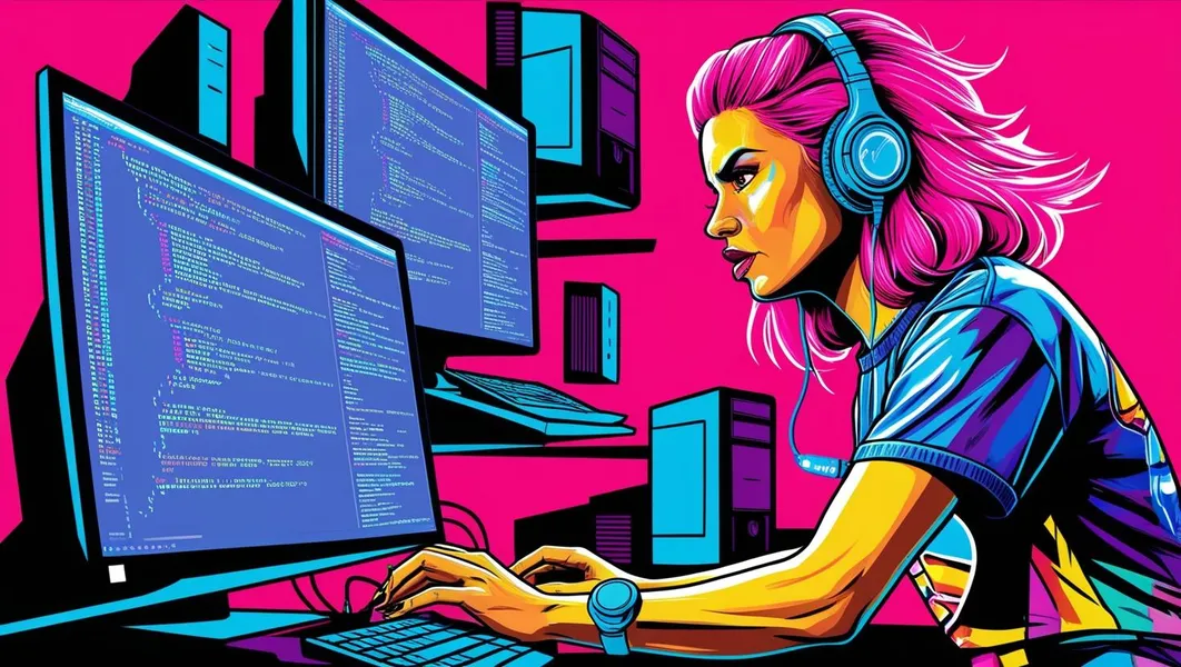 Vibrant digital illustration of a woman with pink hair studying cybersecurity.