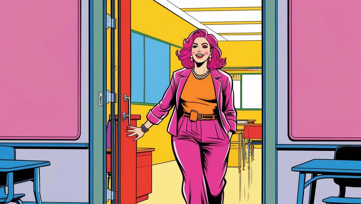 Vibrant digital illustration of a woman with pink hair leaving a classroom.