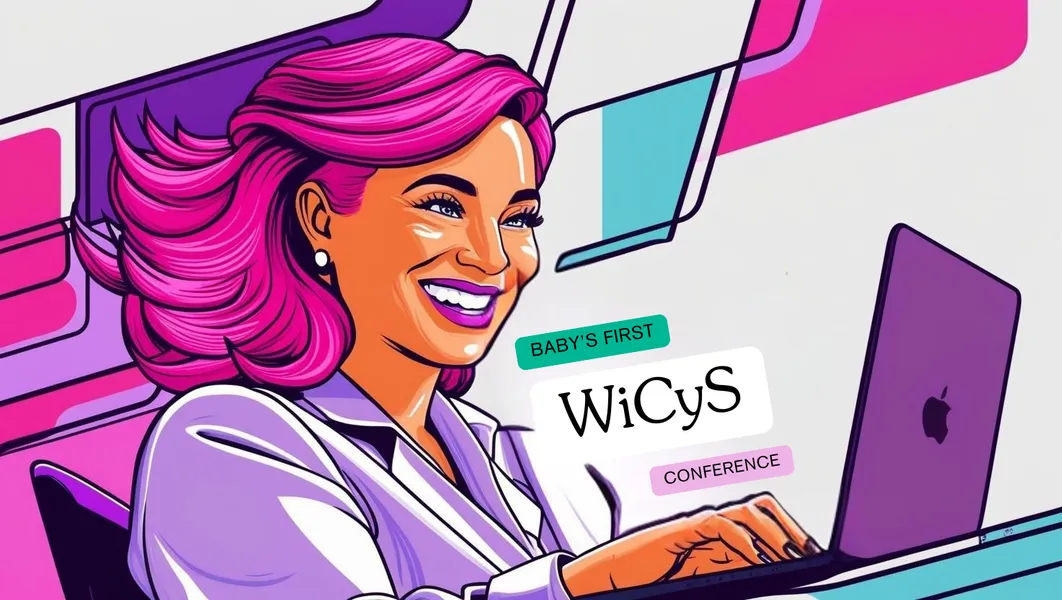 Vibrant digital illustration of the back of a woman with pink hair preparing for her first WiCyS conference on a laptop