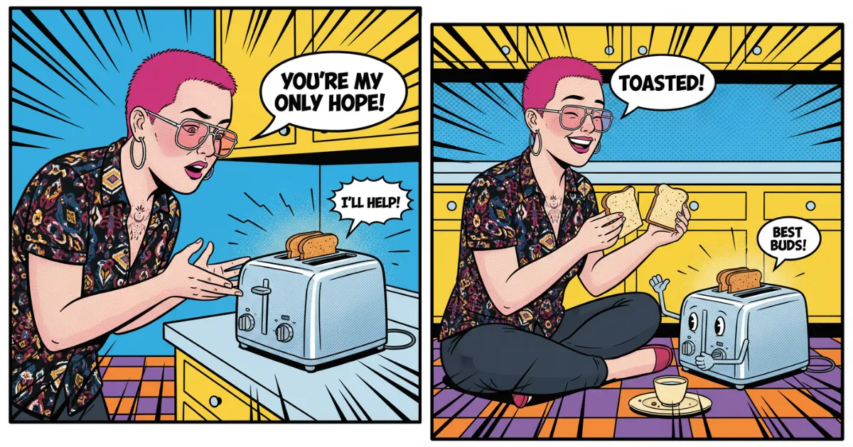 Vibrant comicbook illustration of a woman with a pink buzzcut becoming best friends with a sentient toaster.