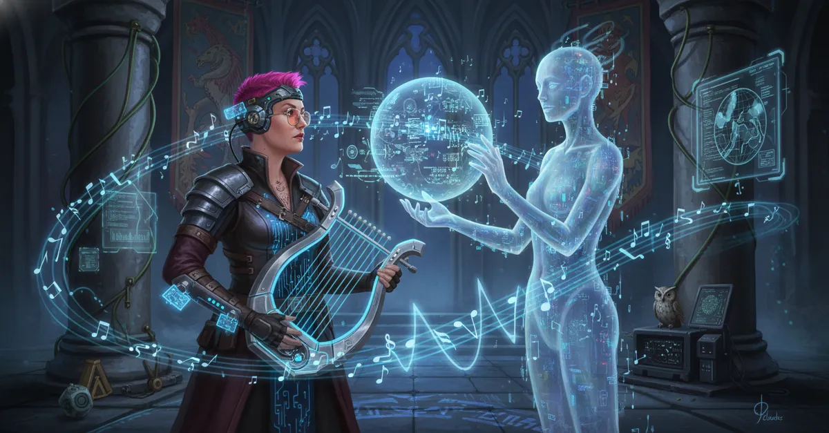 Fantasy illustration of a pink-haired bard holding a lyre dueting with a translucent AI hologram in a magical library filled with glowing runes and floating data screens.