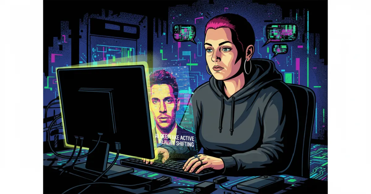 Vibrant digital illustration of a tattooed woman with pink a pink buzzcut in left frame procrastinating by playing videos and then the same tattooed woman with a pink buzzcut in the right frame actually stuyding cybersecurity. 3 arrows are in the middle of the image between the two frames.