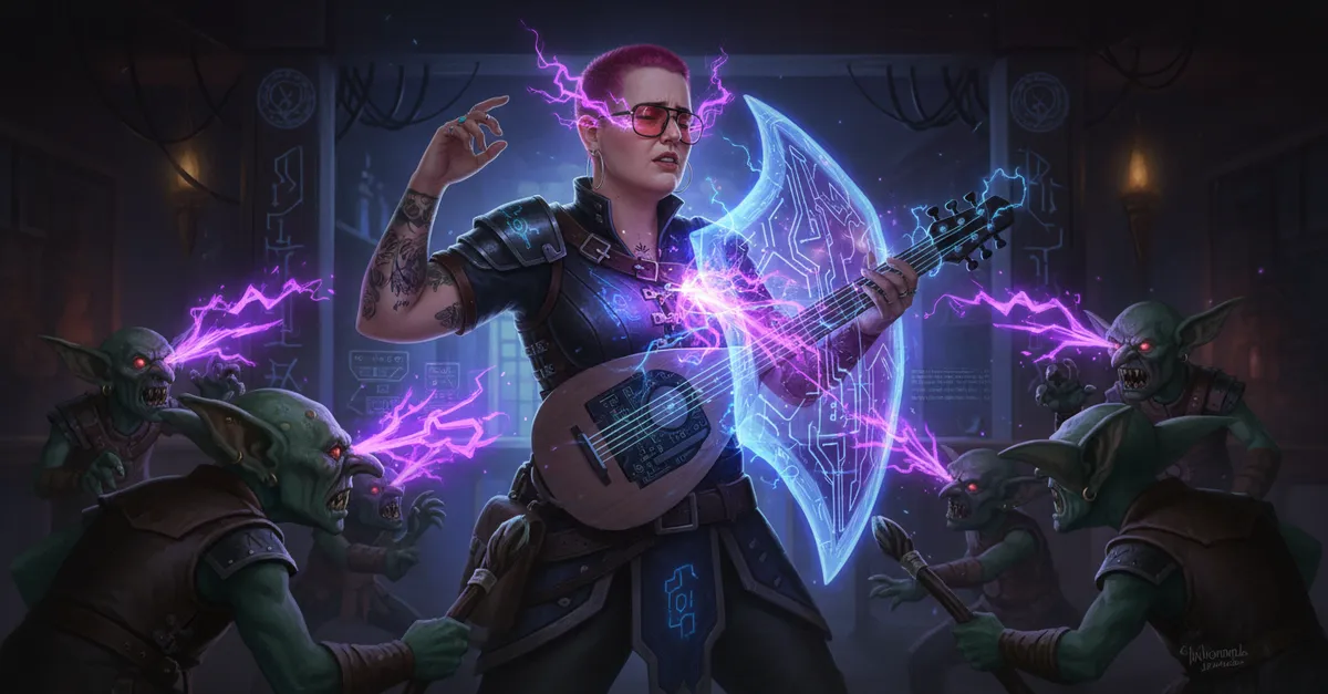 Fantasy illustration of a pink-haired bard with tattoos casting psychic energy from a magical lute while surrounded by goblins in a tavern.