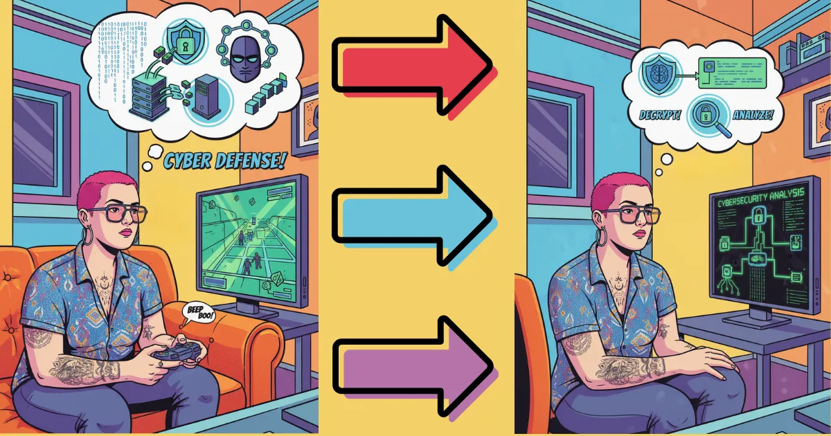 Vibrant digital illustration of a tattooed woman with pink a pink buzzcut in left frame procrastinating by playing videos and then the same tattooed woman with a pink buzzcut in the right frame actually stuyding cybersecurity. 3 arrows are in the middle of the image between the two frames.