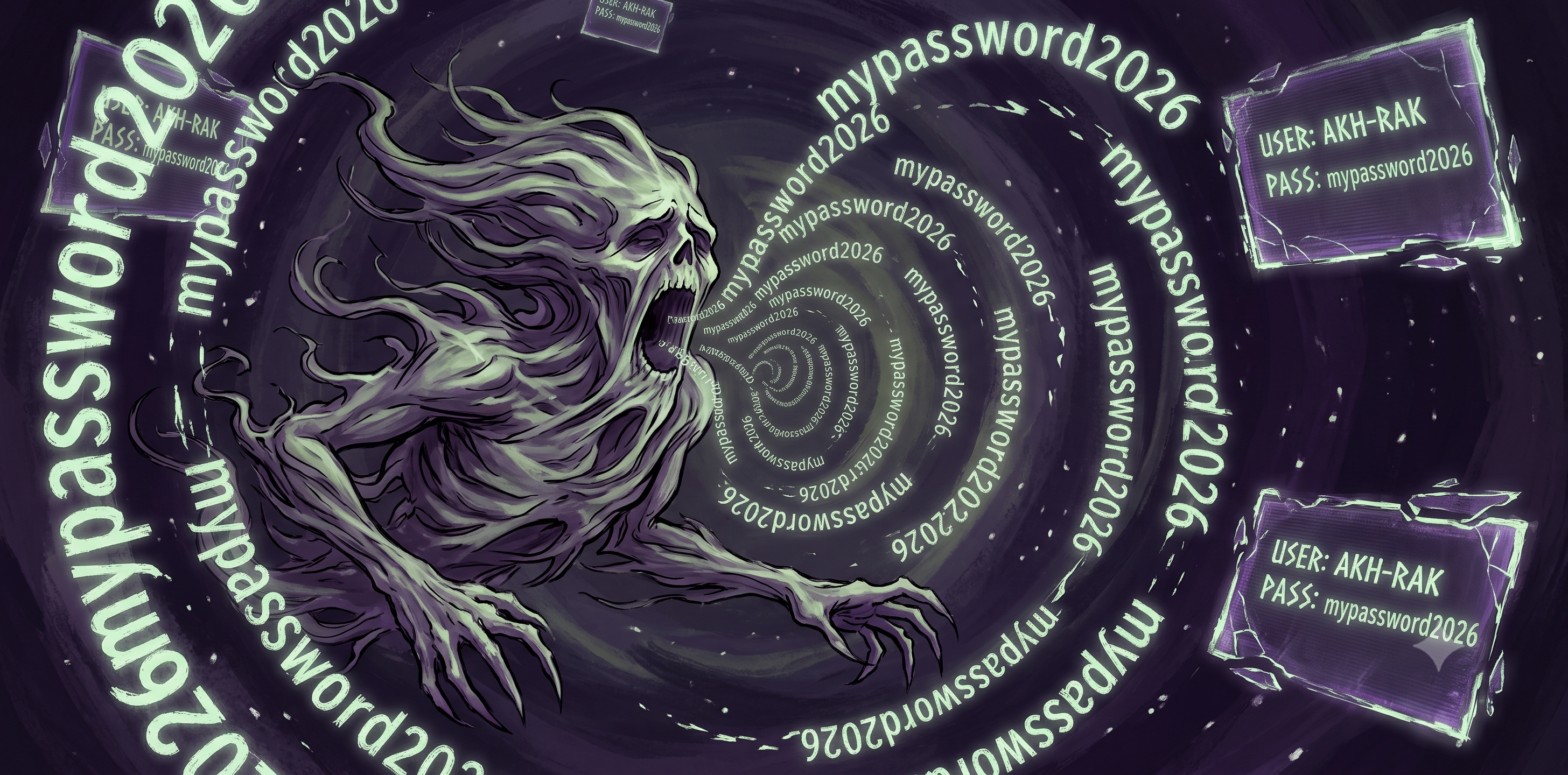 A ghostly, screaming allip wraith swirling within a spiral of the endlessly repeated phrase "mypassword2026," with identical login credential cards reading "USER: AKH-RAK / PASS: mypassword2026" floating to one side.