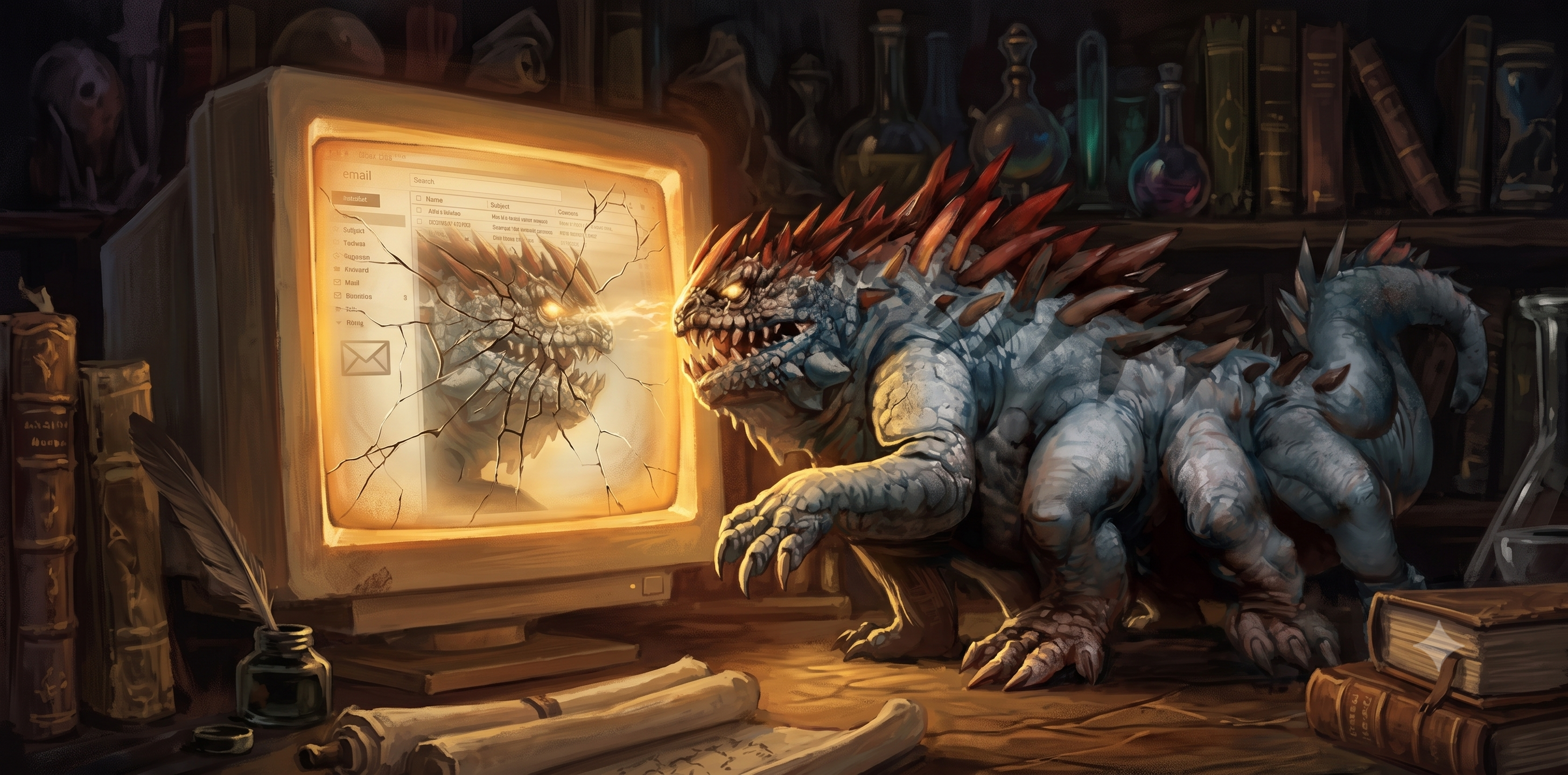 A spiny gray basilisk crouched on a desk, staring into an old CRT monitor and meeting its own reflection in the cracked, glowing screen that displays an email inbox.
