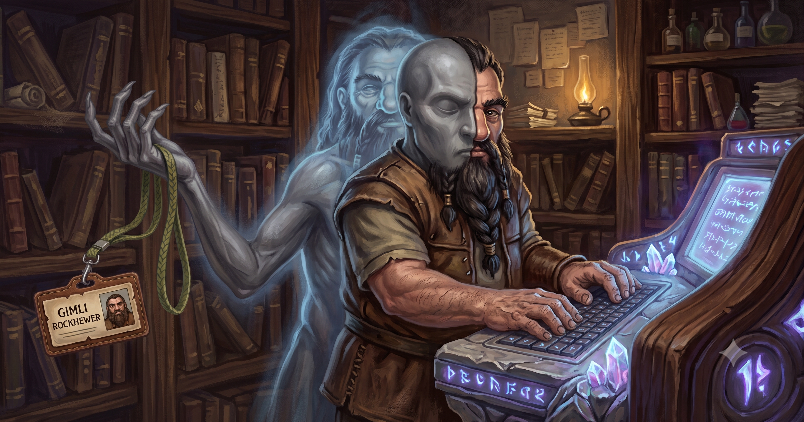 A pale, gray doppelgänger morphing into the face of a bearded dwarf as it types at a glowing rune-lit keyboard, holding the dwarf's "GIMLI ROCKHEWER" ID badge on a lanyard in its outstretched hand.