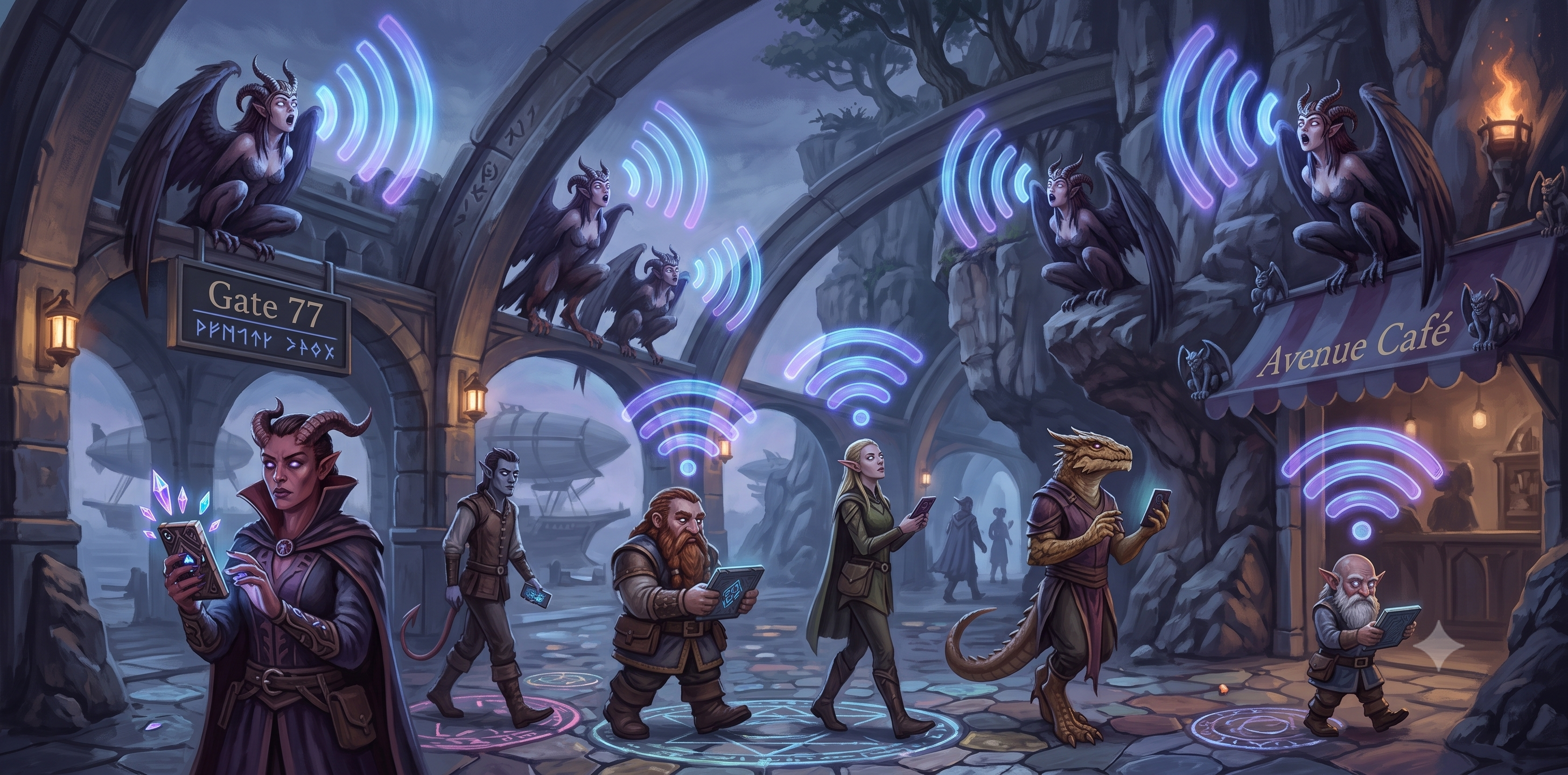 Winged harpies perched on stone archways near a "Gate 77" sign and an "Avenue Café" in a fantasy transit hall, emitting glowing wireless signal waves while adventurers stare at glowing tablets below.