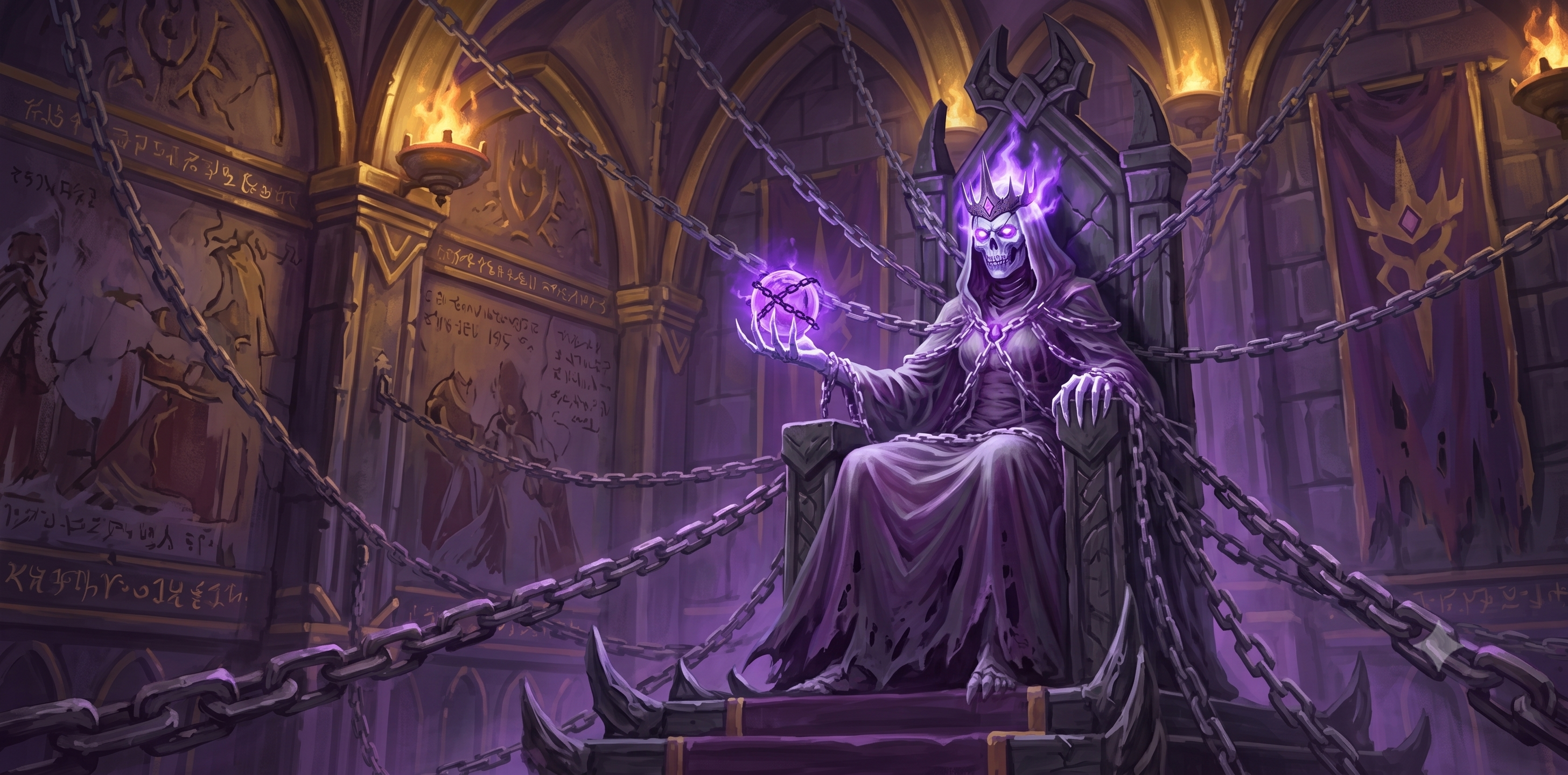 A crowned skeletal Lich Queen seated on a throne in a torchlit stone hall, cradling a glowing purple orb of energy, bound to her chamber by heavy iron chains stretching across the room.
