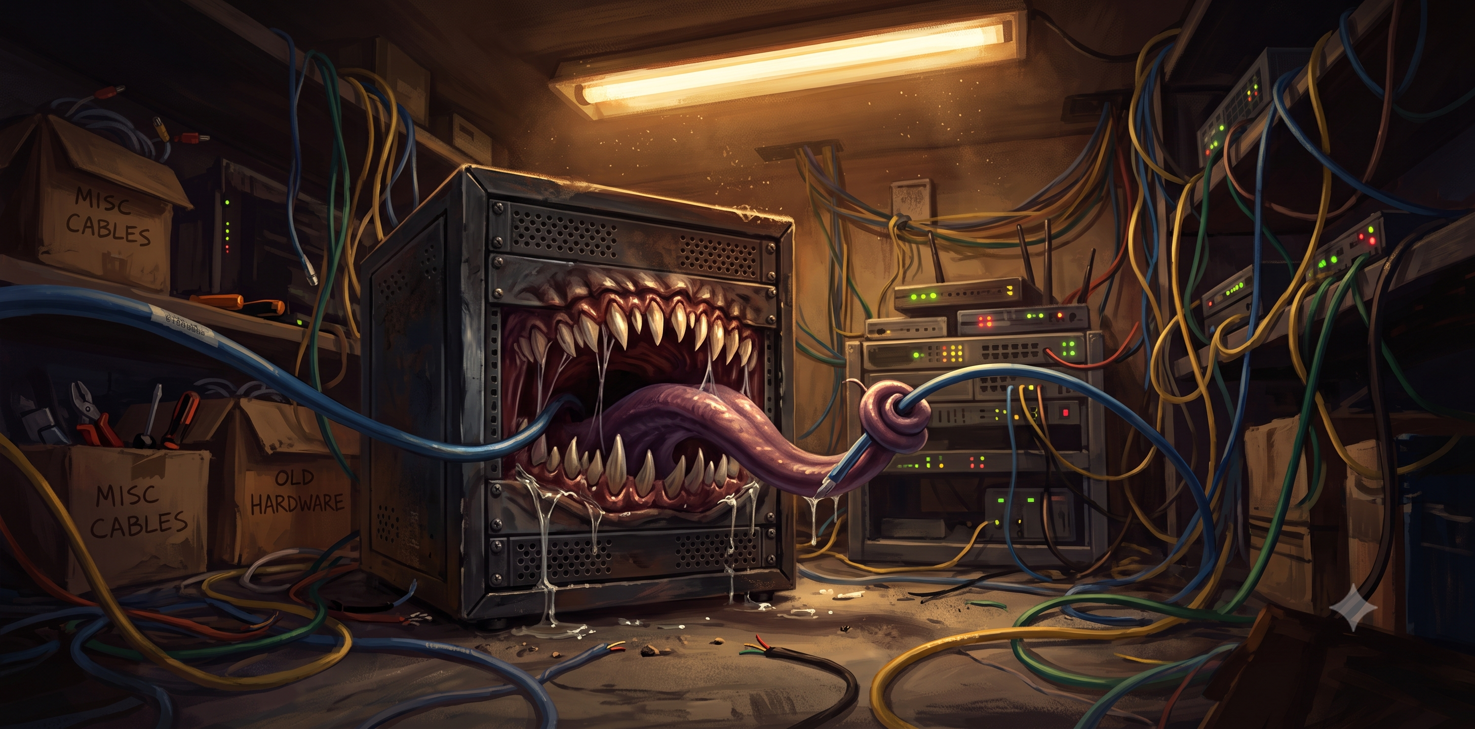 A monstrous mimic disguised as a server rack, its metal chassis splitting open into a fanged maw with a lashing tongue, tangled in network cables in a dim server closet.