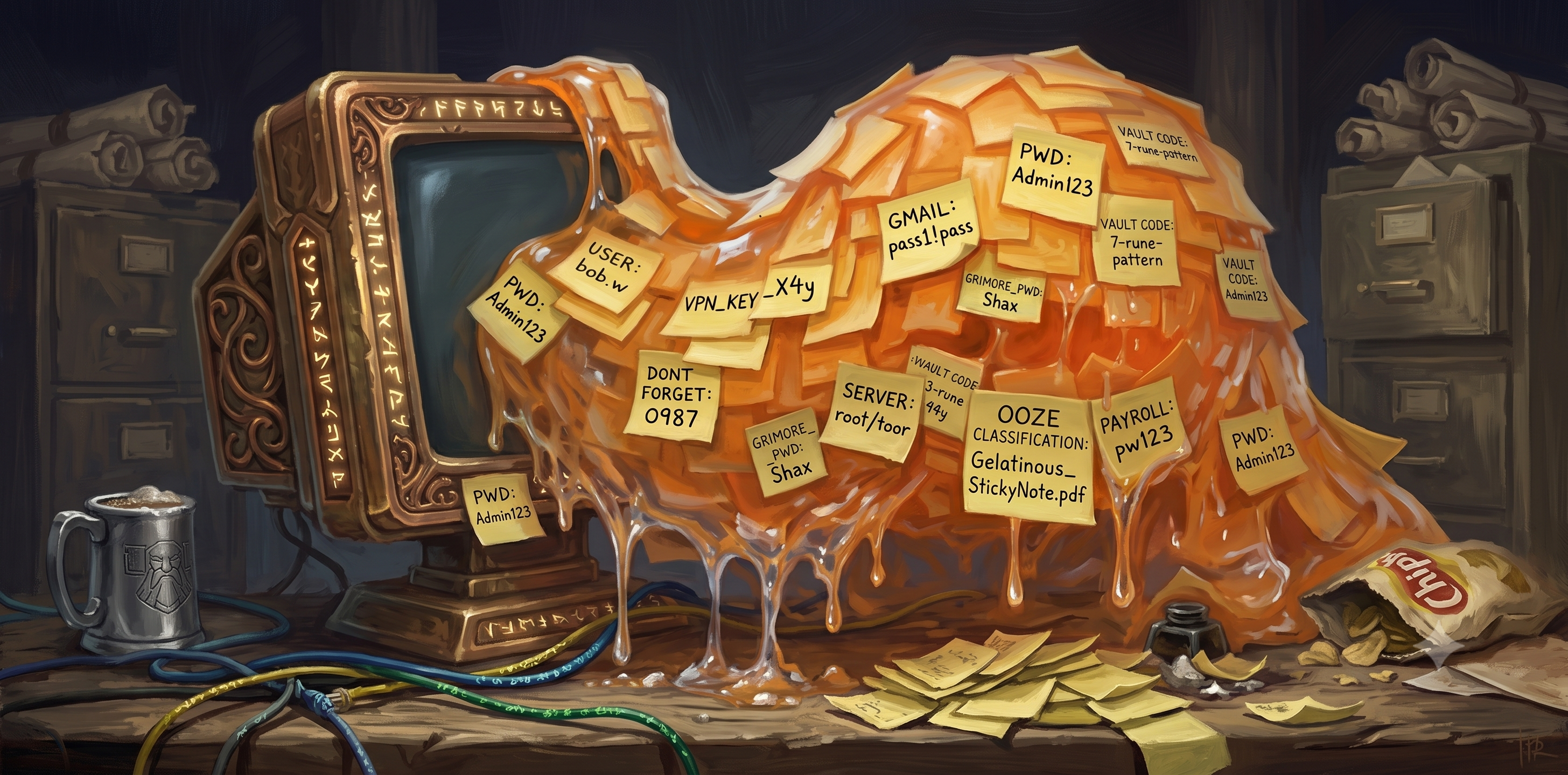 An amber, gelatinous ooze engulfing an old computer monitor on a desk, its surface plastered with sticky notes scrawled with passwords, PINs, and login credentials, dripping down onto the keyboard below.