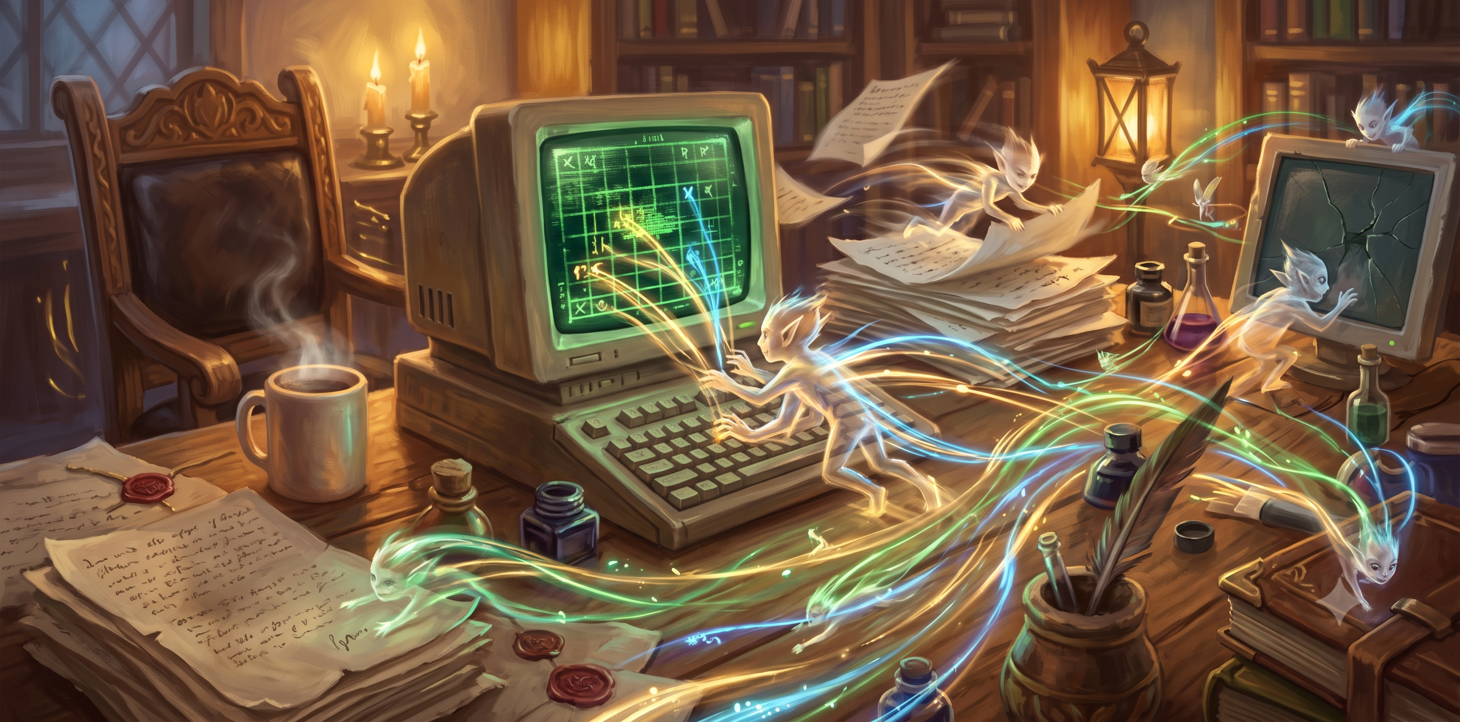 Tiny, blurred fey quicklings darting in streaks of green and blue light across an abandoned desk toward an unlocked, still-glowing computer screen, beside a steaming coffee mug and an empty chair.