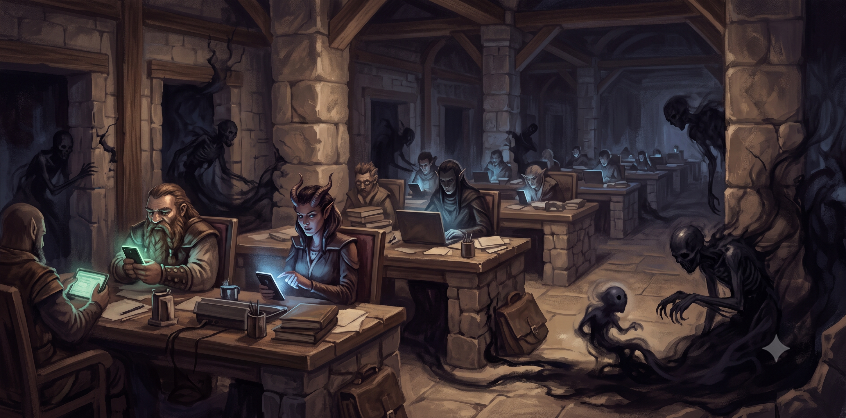 Workers hunched over glowing laptops and phones in a dim, stone-pillared hall while shadowy wraith-like shades creep unnoticed from the darkness behind and beside them.