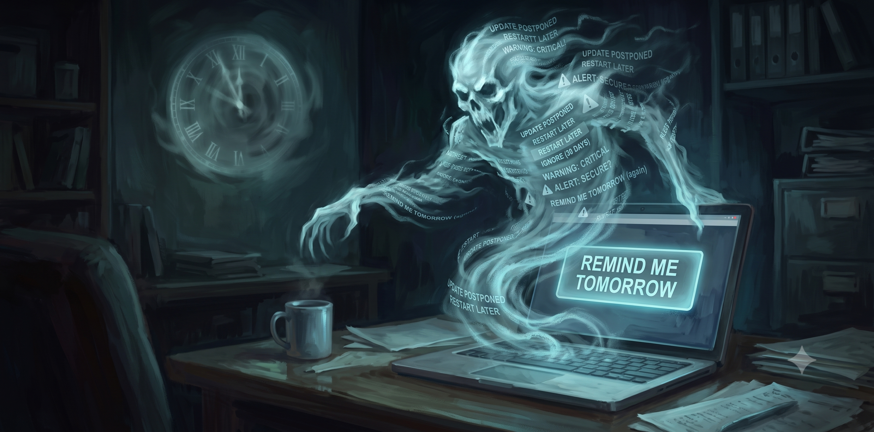 A ghostly skeletal specter made of pale blue smoke rising from a laptop screen that reads "REMIND ME TOMORROW," surrounded by floating update notifications in a dim office with a ghostly clock on the wall.