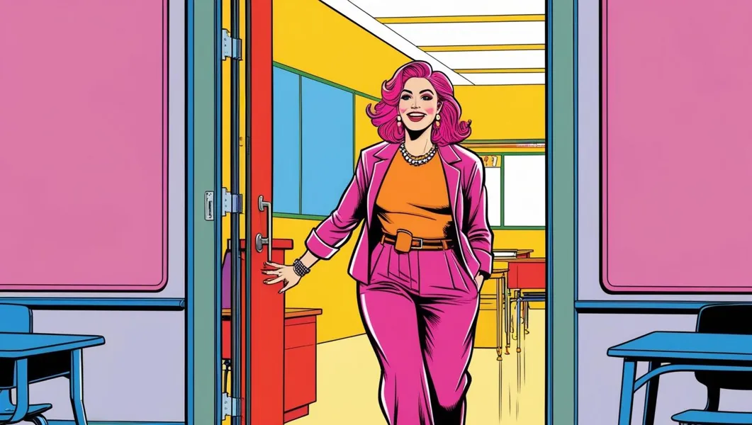 Vibrant digital illustration of a woman with pink hair leaving a classroom.