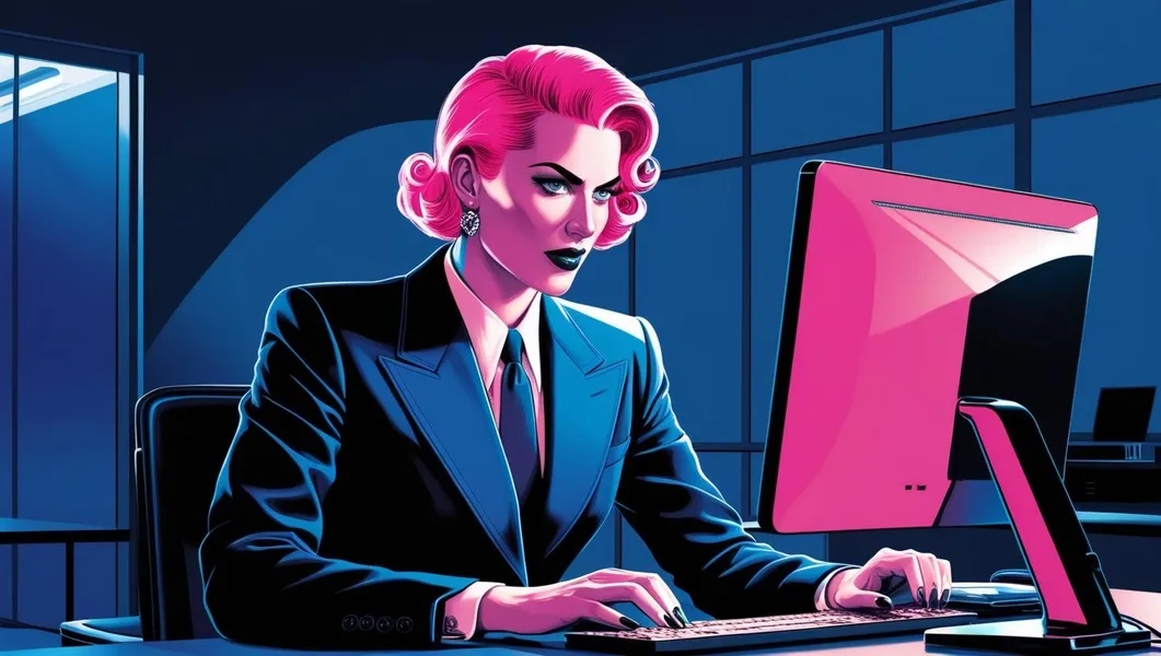 Vibrant digital illustration of a woman investigating using OSINT techniques on a computer