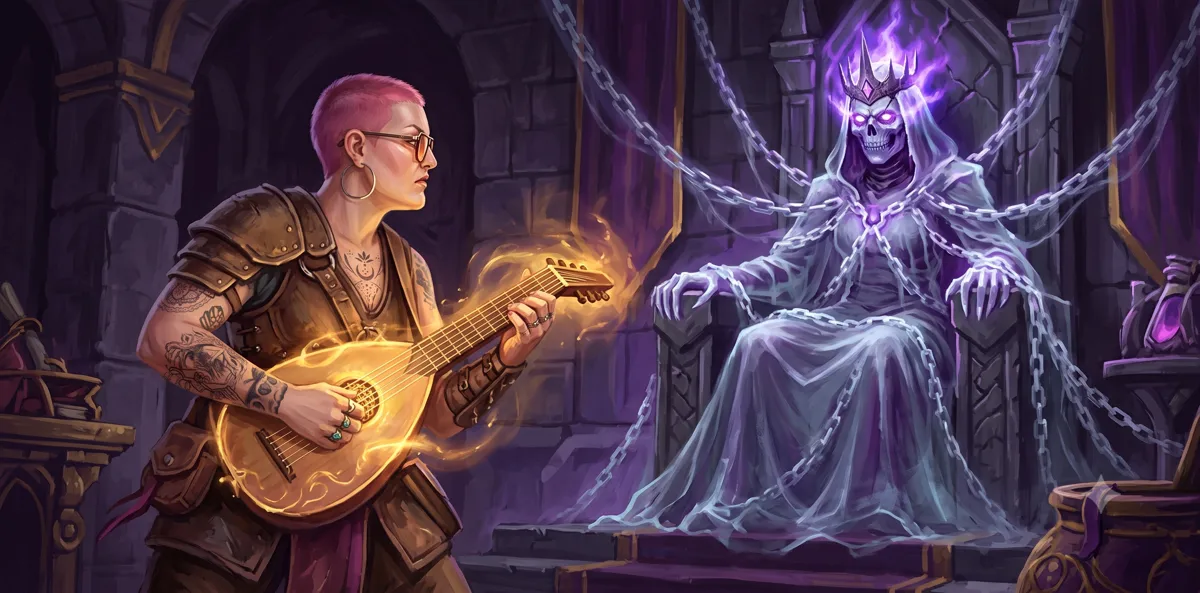 A pink-haired, tattooed bard in leather armor plays a glowing magical lute, facing down a spectral crowned Lich Queen wrapped in ghostly chains on her throne.