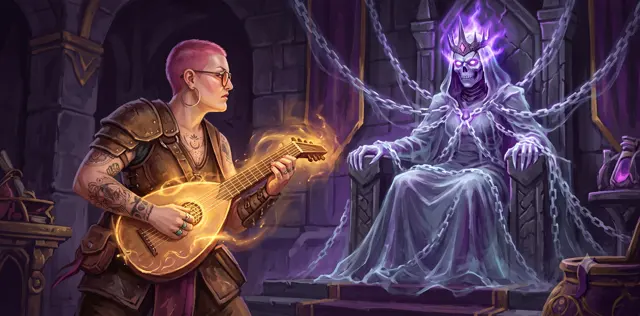 A pink-haired, tattooed bard in leather armor plays a glowing magical lute, facing down a spectral crowned Lich Queen wrapped in ghostly chains on her throne.