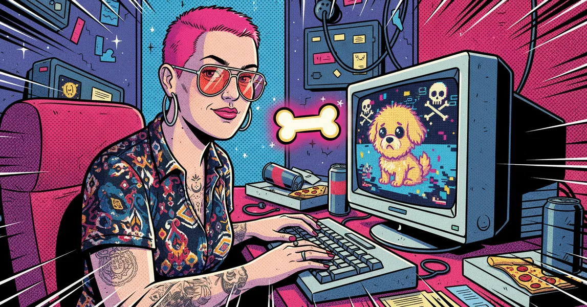 Vibrant digital illustration of a woman with pink hair hacking into a computer with a cute puppy on the screen