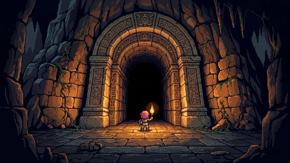 Pixel art of a lone pink-haired adventurer holding a torch, standing before a huge carved stone dungeon archway that opens into darkness.