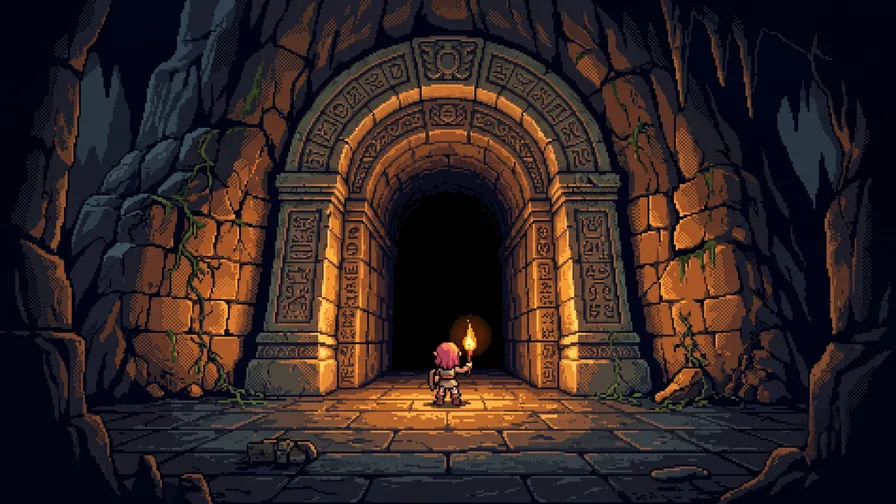 Pixel art of a lone pink-haired adventurer holding a torch, standing before a huge carved stone dungeon archway that opens into darkness.