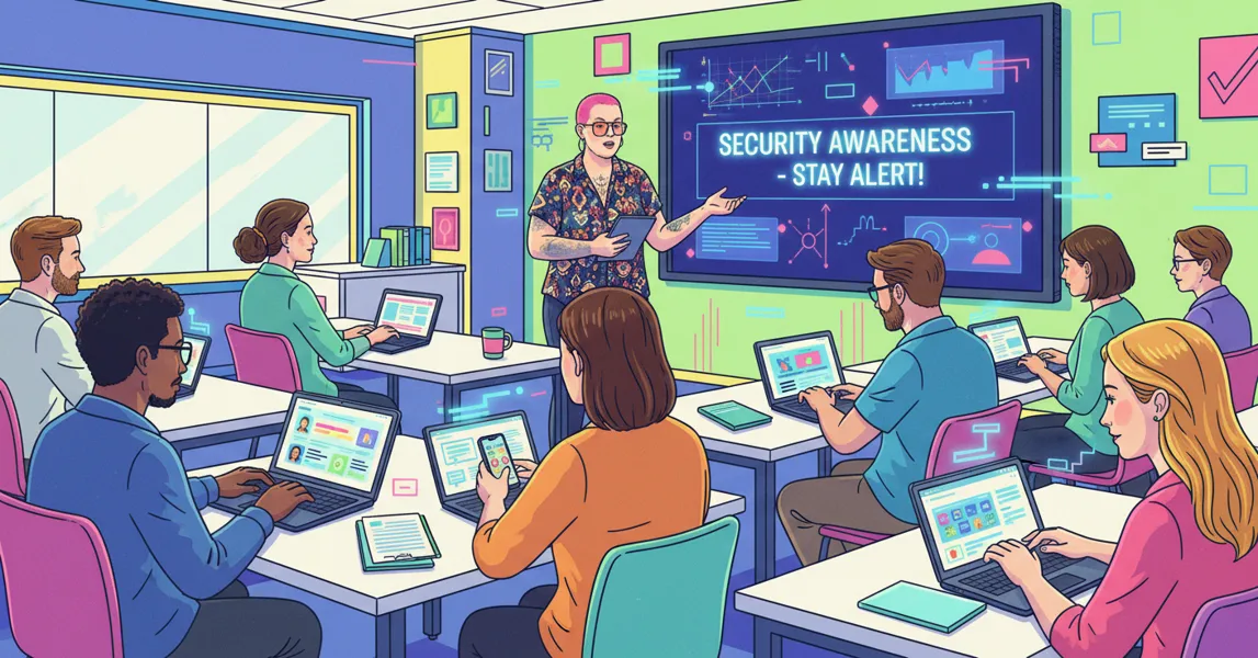 Vibrant digital illustration of a tattooed woman with a pink buzzcut in front of a room full of adults on their phones and laptops, the board behind her reads "Security Awareness - Stay Alert!"