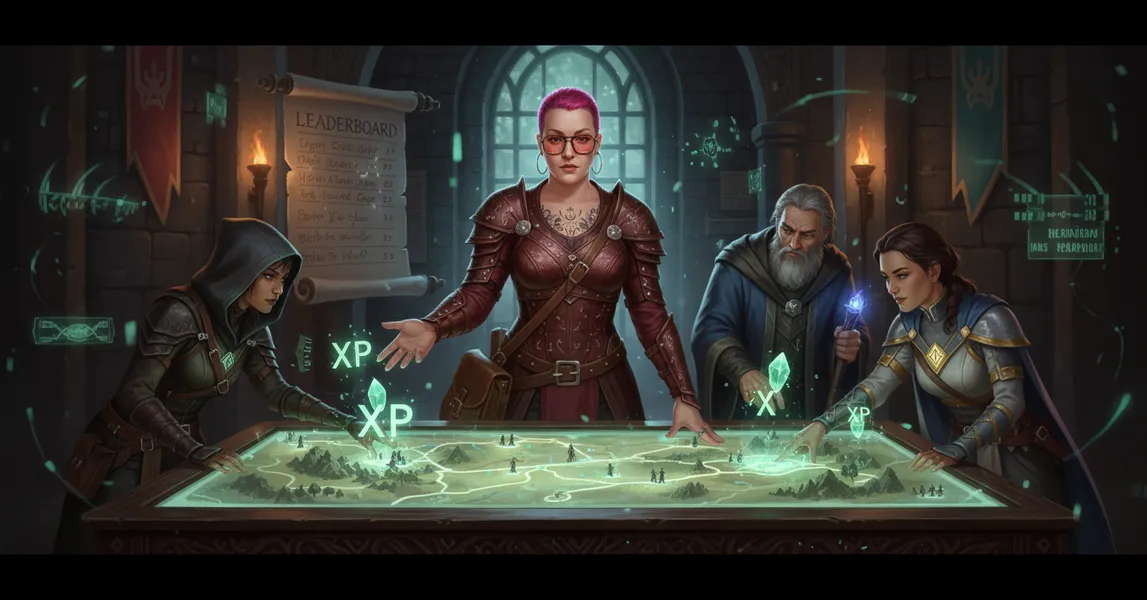 A leaderboard covered in D&D-style XP scores with security champions competing for the top spot.